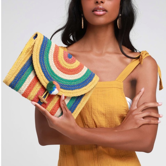Lulus Handbags - Lulus Rainbow Woven Rope Tassel Boho Clutch